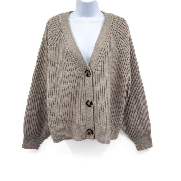 H&M Rib Knit Wool Button Front Loose Oversized Fit Cardigan Sweater Top Taupe - Picture 3 of 8